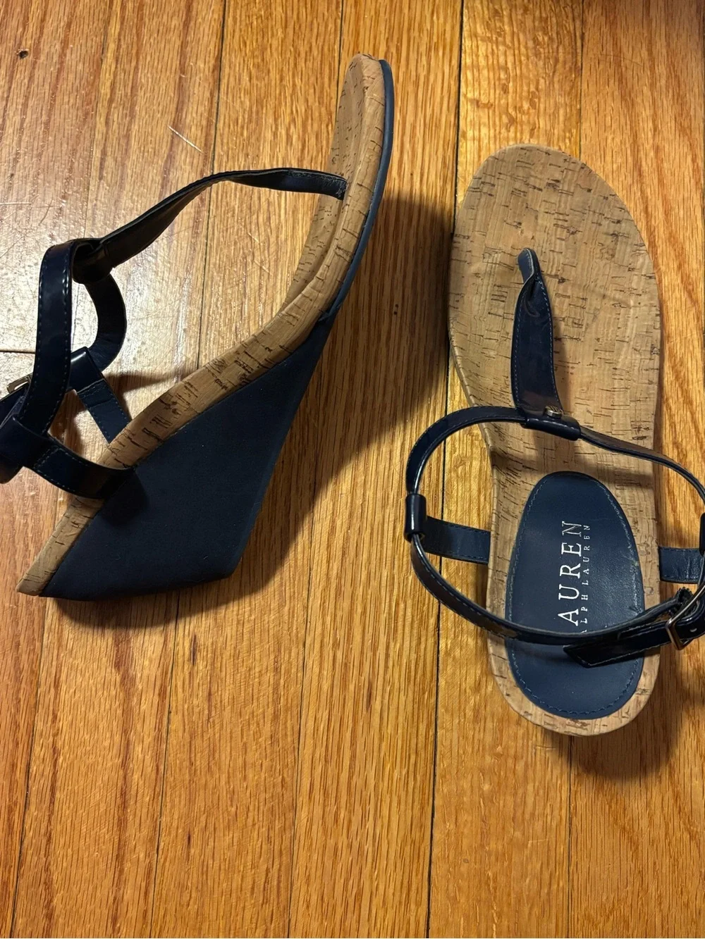 Lauren Ralph Lauren Rosalia Navy Patent Wedge Sandals Cork Footbed Size 9B